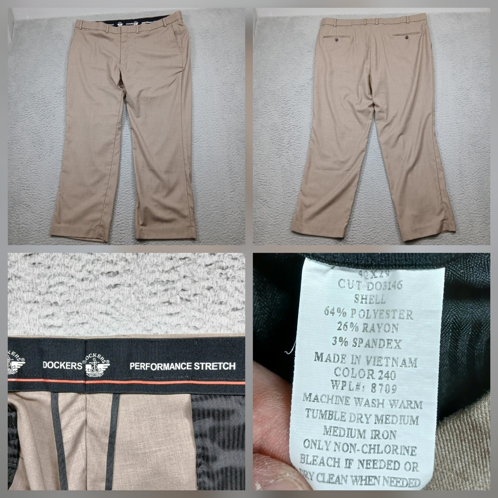Dockers Performance Stretch Dress‎ Pants Men's Tan Flat Front Slacks 40x29